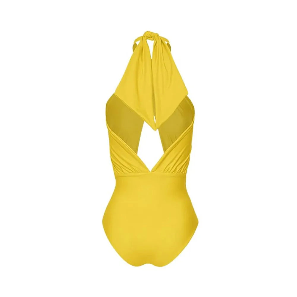 Women's solid colour halter swimsuit with matching wrap skirt on mannequin
