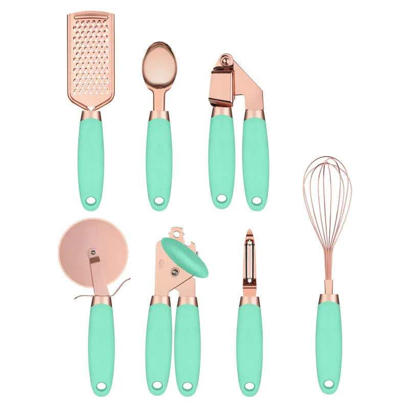 Rose gold plated stainless steel 7-piece kitchen tool set with cutlery rack in mint green colour