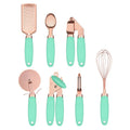 Rose gold plated stainless steel 7-piece kitchen tool set with cutlery rack in mint green colour