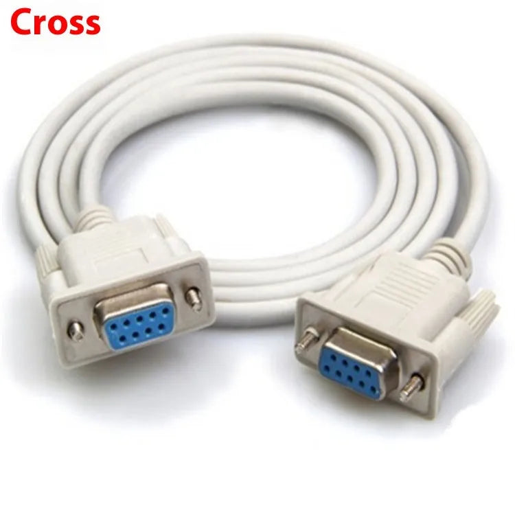 Female to female DB9 RS232 crossover cable with milky white jacket measuring 1.5 metres
