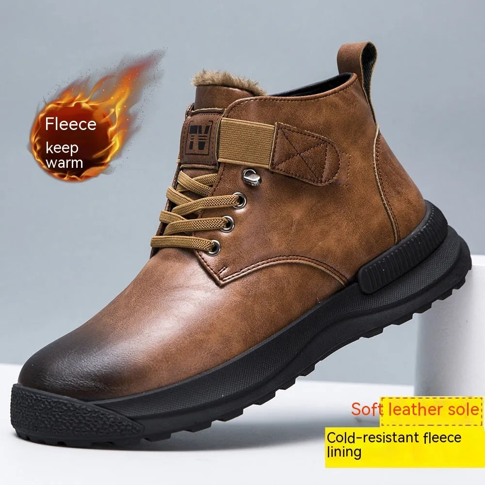Men's black high-top platform Martin Boots with velvet-like PU upper and rubber sole