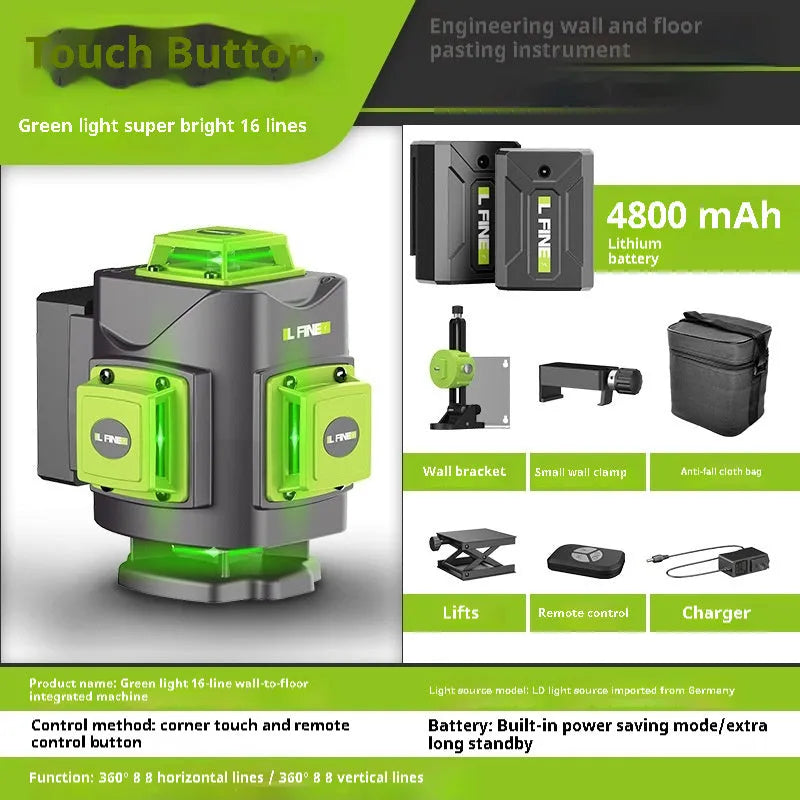 Green 16-line laser level tool with nylon and aluminium housing on a work surface.