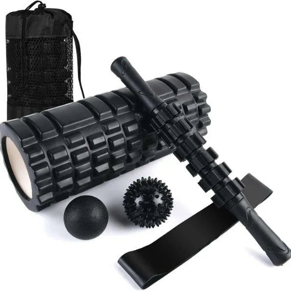 Black six-piece segmented foam massage roller measuring 33cm in length