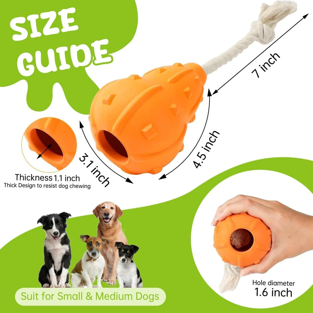 Natural rubber stuffable dog toy with a long strap for fetch and interactive chewing games.