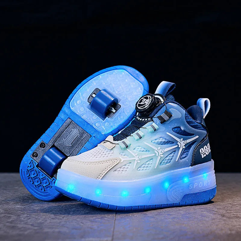 Children's flash knob roller skating shoes in striped pattern with twist-knob fastening system