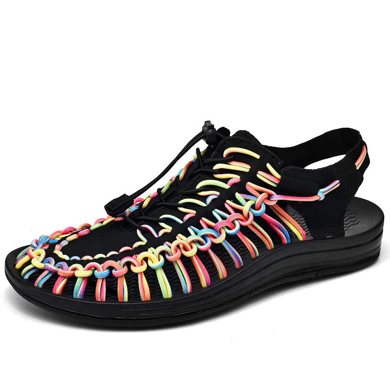 Women's and men's woven Roman sandals with an elastic drawstring tie and baotou toe.