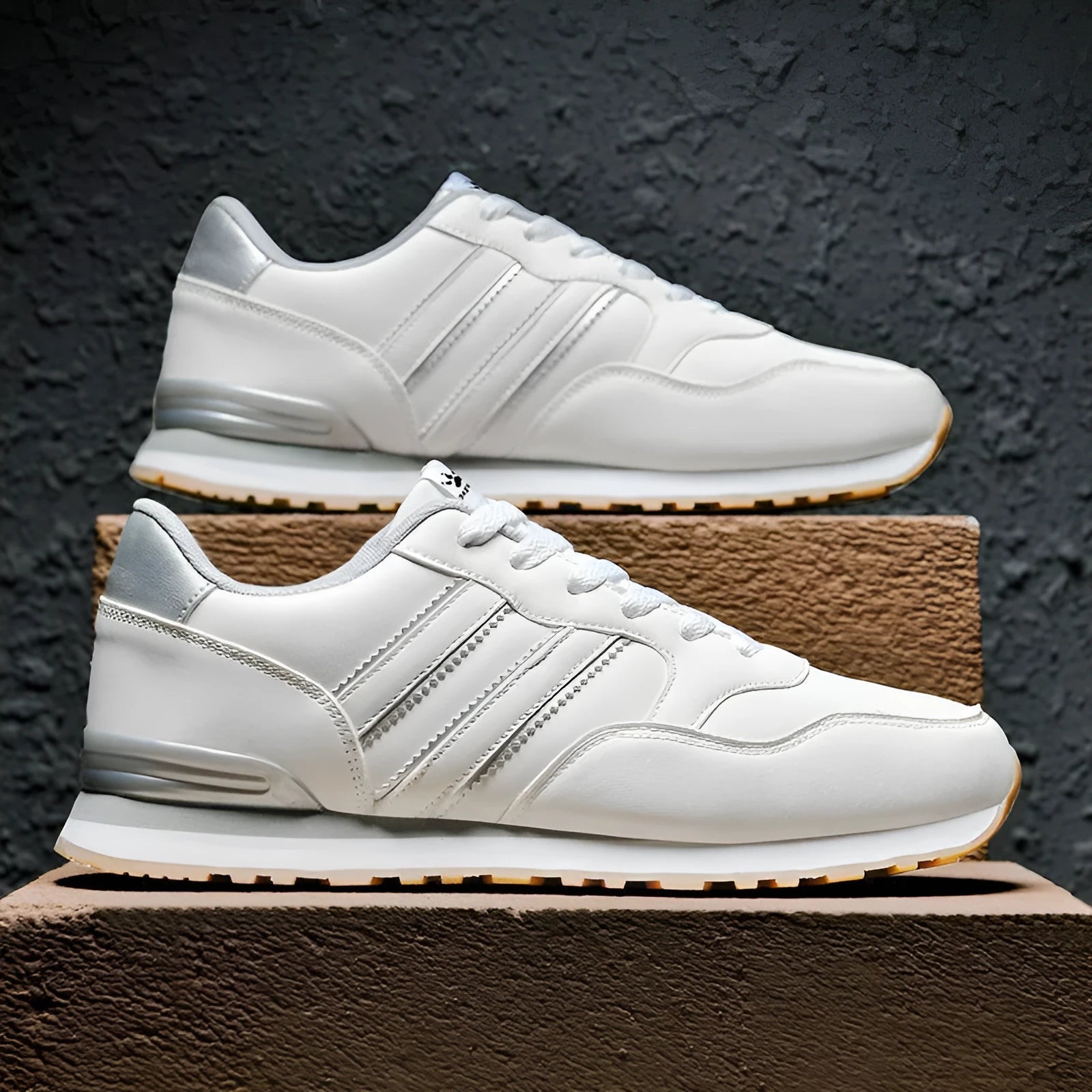 Men's black casual running shoes with a white carved wing pattern on the leather upper.
