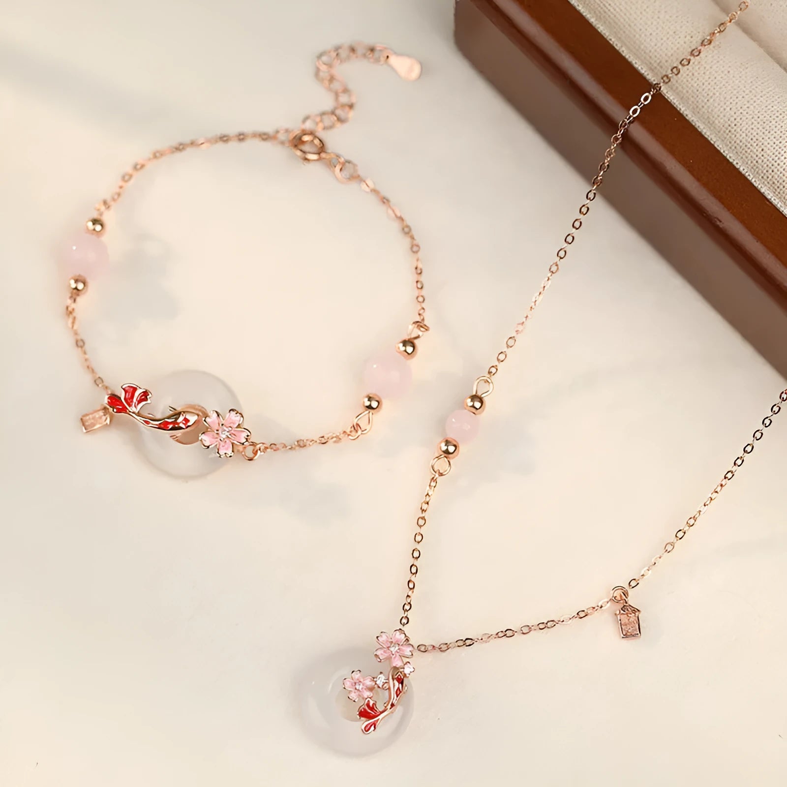 S925 sterling silver bracelet with white chalcedony crystal charm and koi fish design.