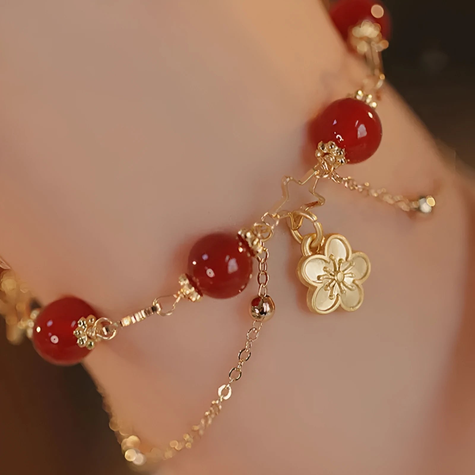 Red agate double layer bracelet with peach blossom design for women