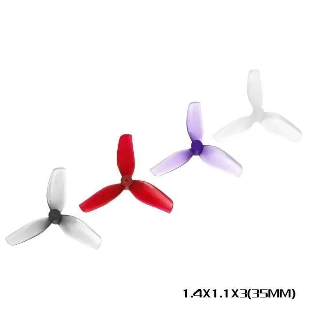 Set of four 1.4-inch three-blade PC propeller accessories in clear, gray, purple, and red colours