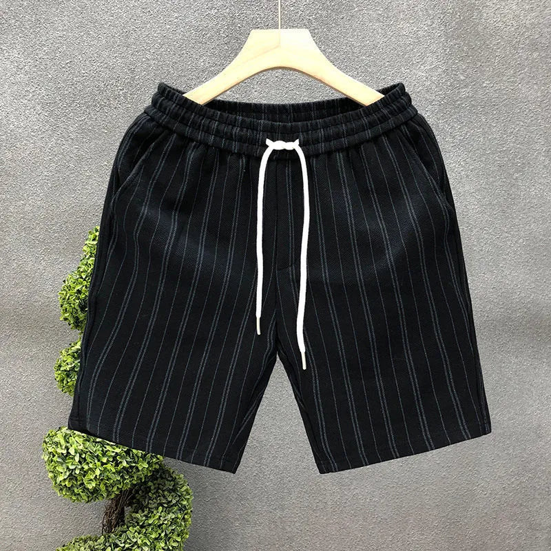 Men's black and white striped fleece-lined casual shorts with double-layer waistband