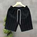 Men's black and white striped fleece-lined casual shorts with double-layer waistband