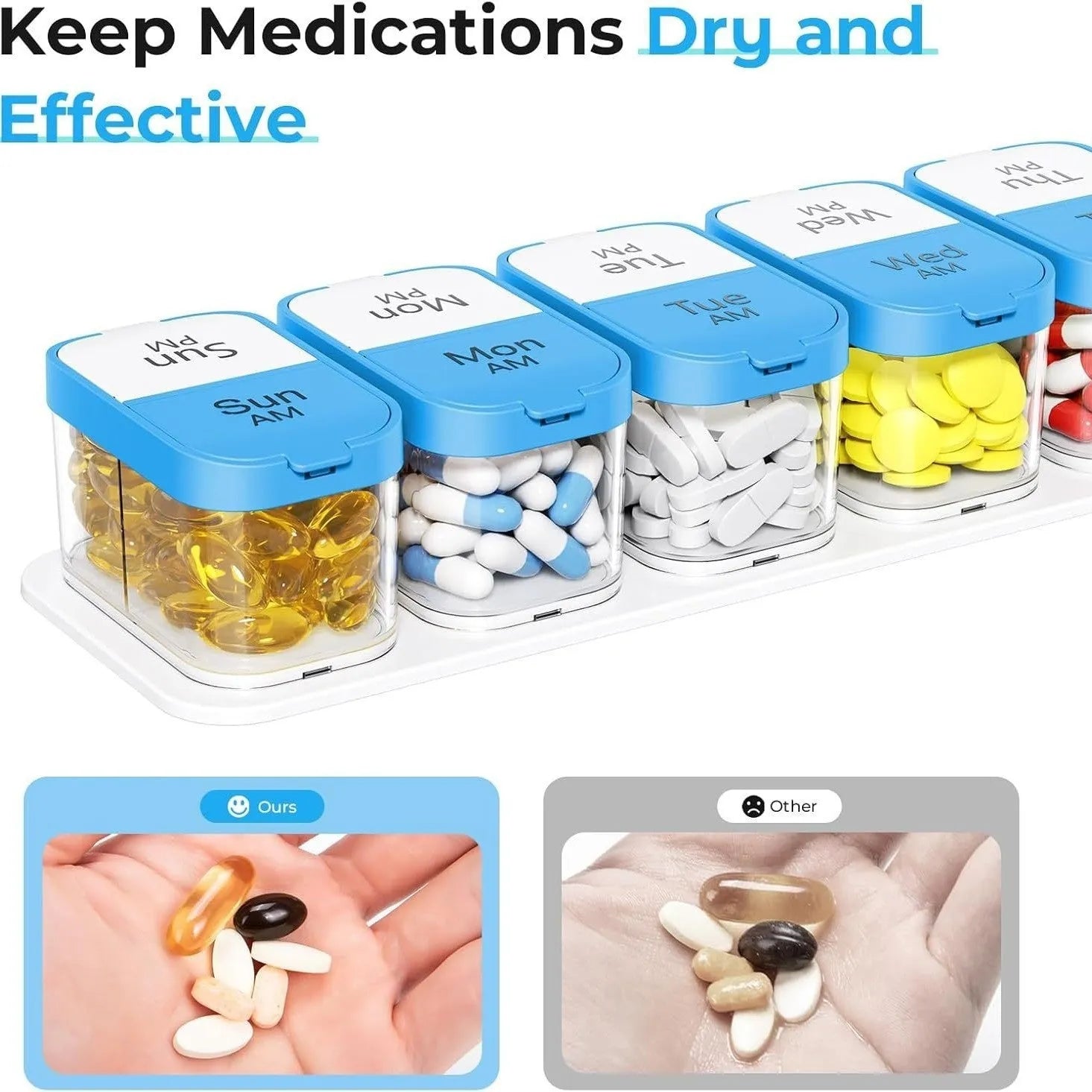 Large white plastic pill organiser box with 14 compartments, shown disassembled into separate sections.