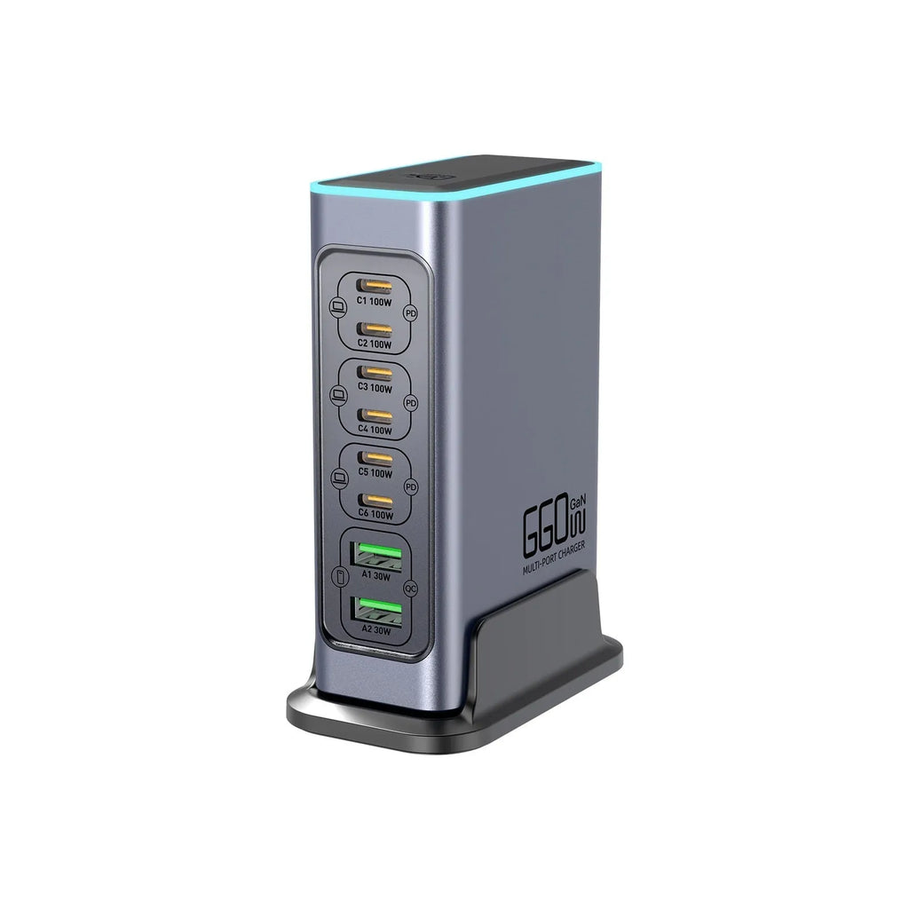 660W gallium nitride desktop fast charger with four international plug types: US, EU, UK, and AU standards