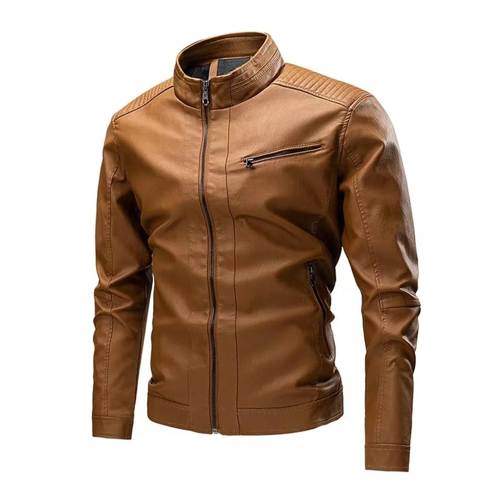 Men's PU leather motorcycle jacket with retro stitching, side pockets, straight hem, in black, brown, khaki, bright yellow