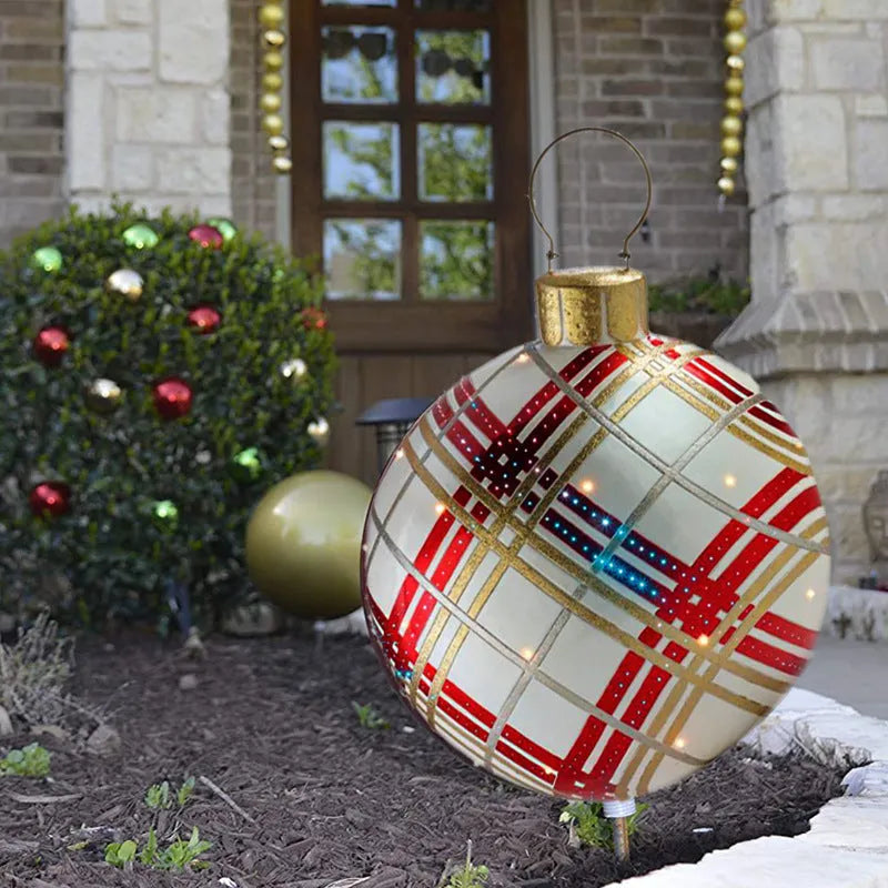 Large red and white striped inflatable PVC Christmas ball ornament with a 60cm diameter.