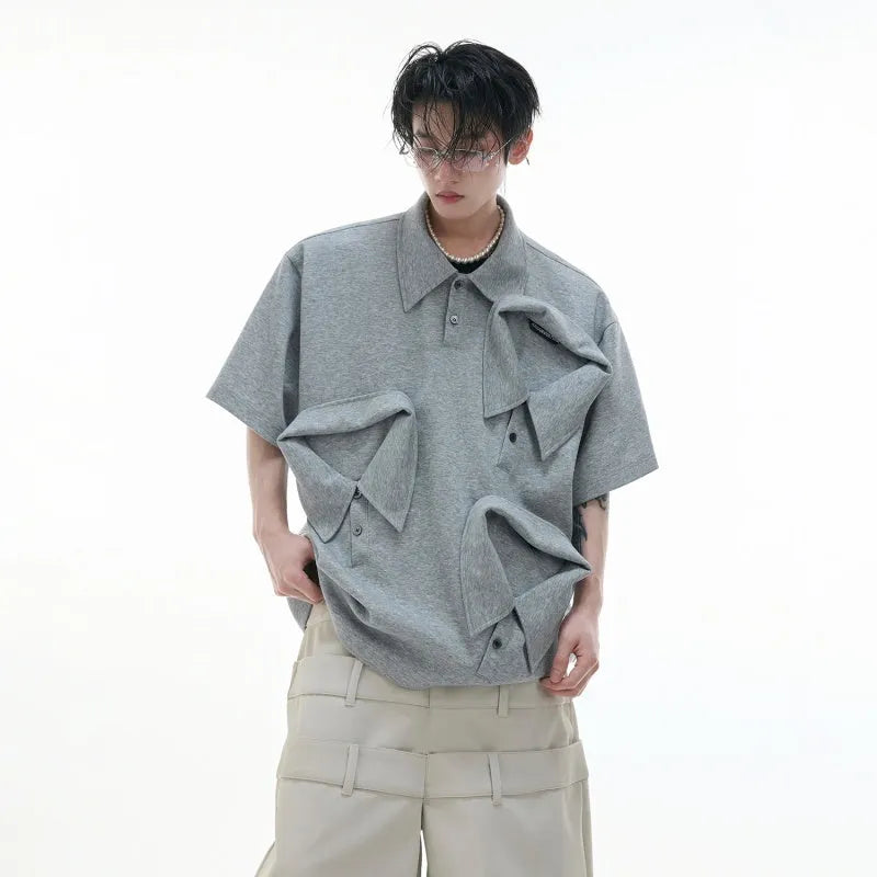 Men's loose fit deconstructed multi-collar polo shirt in polyester with Giant Land Turtle graphic.