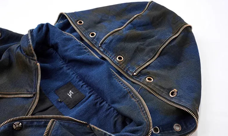 Blue hooded denim vest coat and matching trousers set on a model