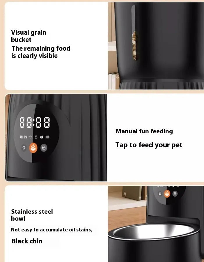 Black automatic pet feeder with digital display and stainless steel bowl on a kitchen floor.
