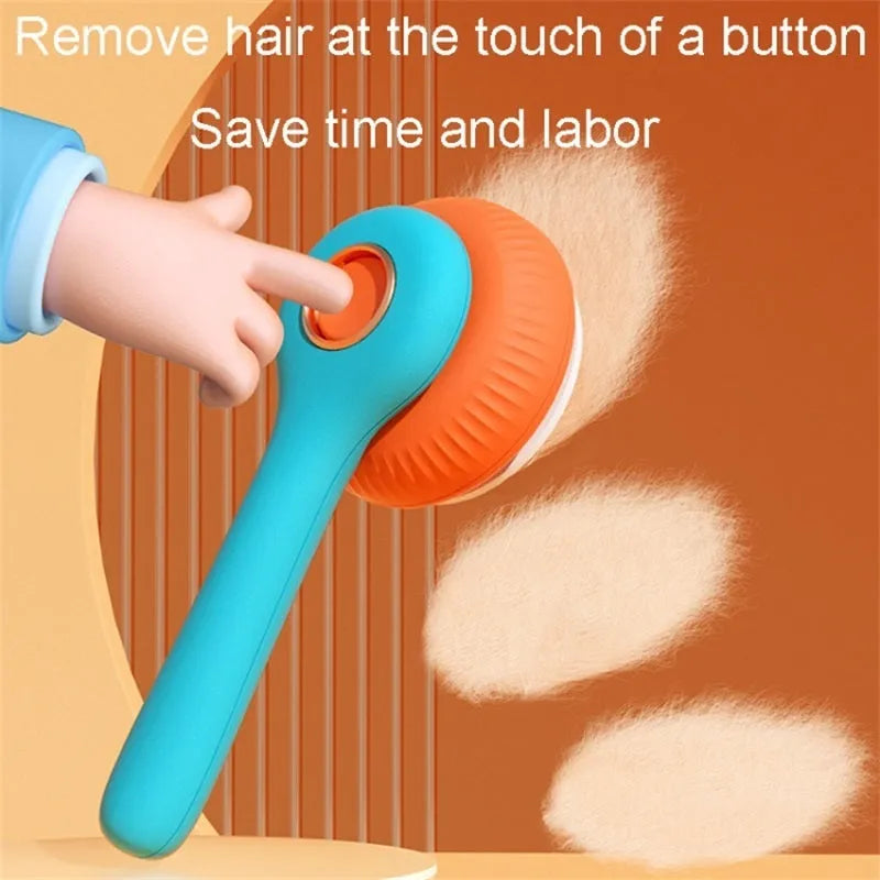 Blue and white self-cleaning pet grooming brush for removing tangled hair and loose fur from cats and dogs.