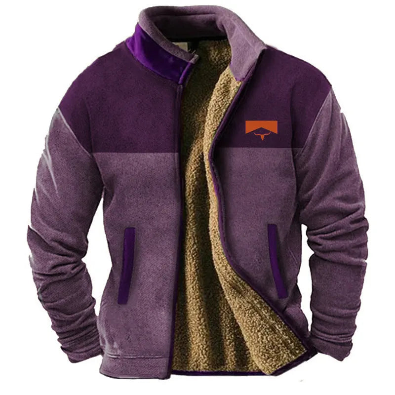 Men's blue polyester padded fleece coat with zip front, regular length.