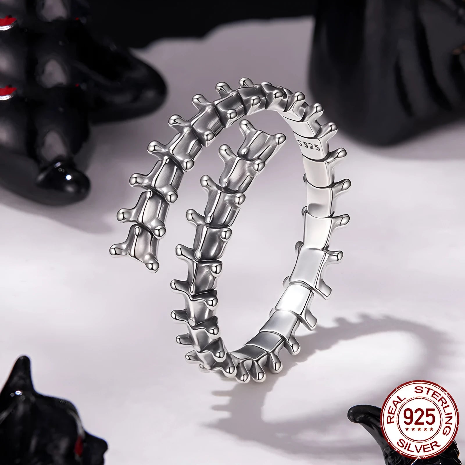 Original dark style adjustable silver backbone open ring with pumpkin skull motif for women