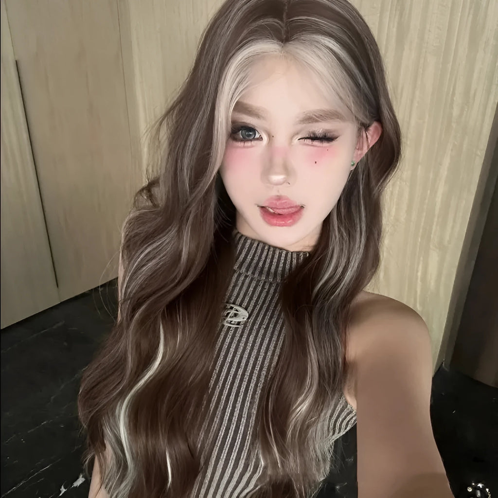 Long curly synthetic wig with grey golden highlights and straight lace front design