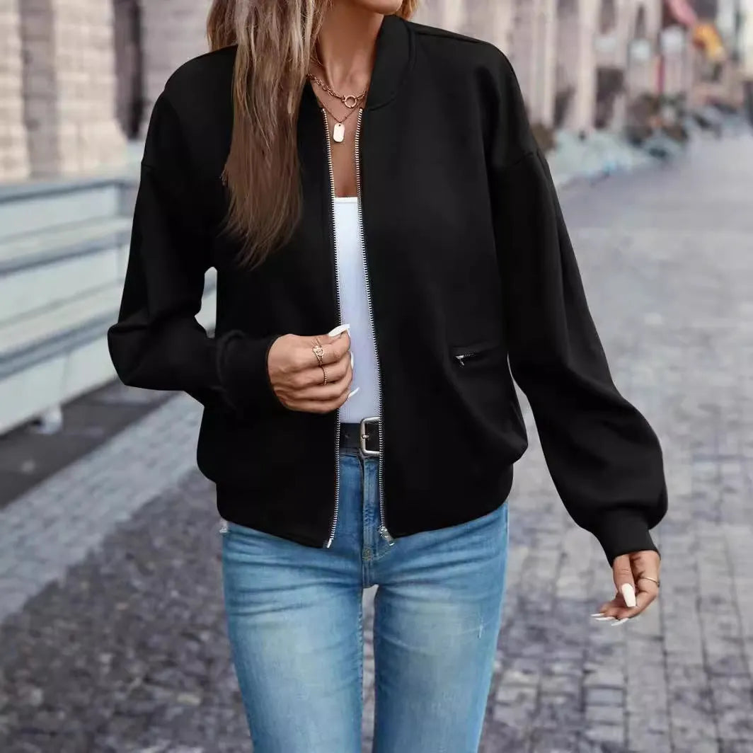 Black women's faux pocket zip jacket with long sleeves for autumn winter casual wear