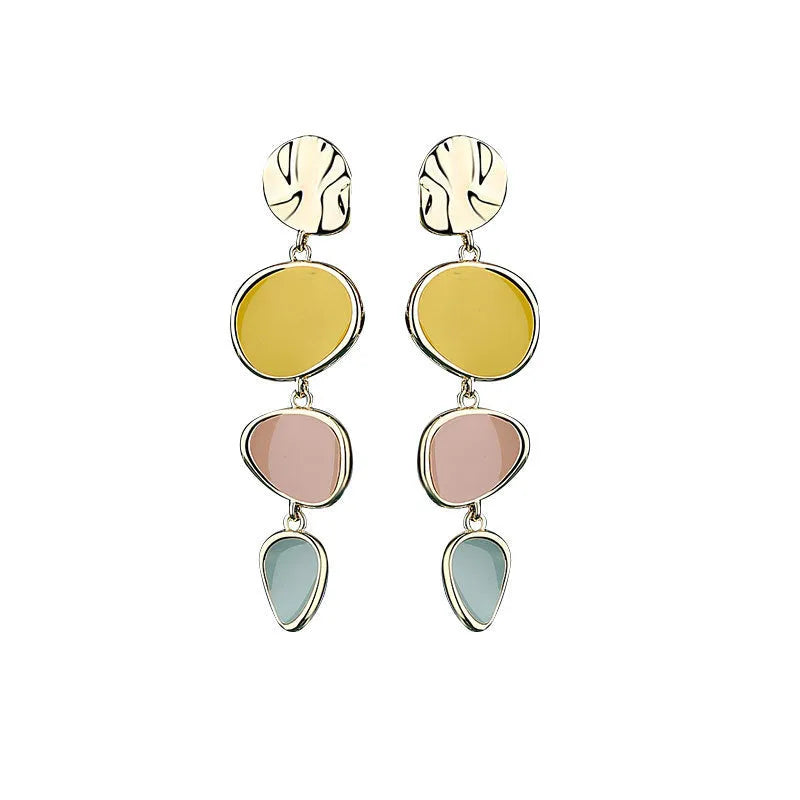 Sterling silver finish Morandi three-colour drip oil wafer disc earrings.