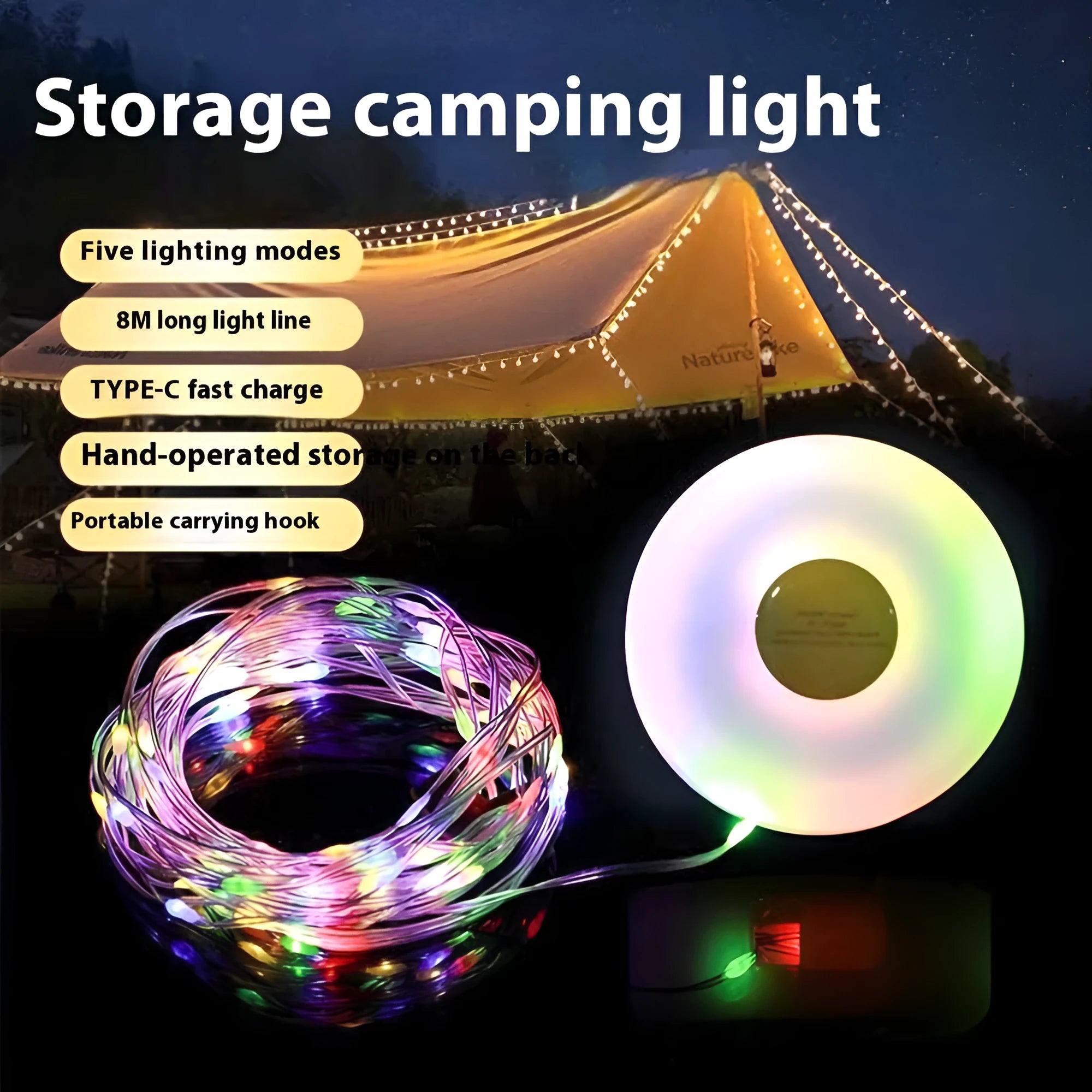 Long strand of 30 rechargeable LED bead lights for outdoor tents, showing warm white and colourful lighting options.