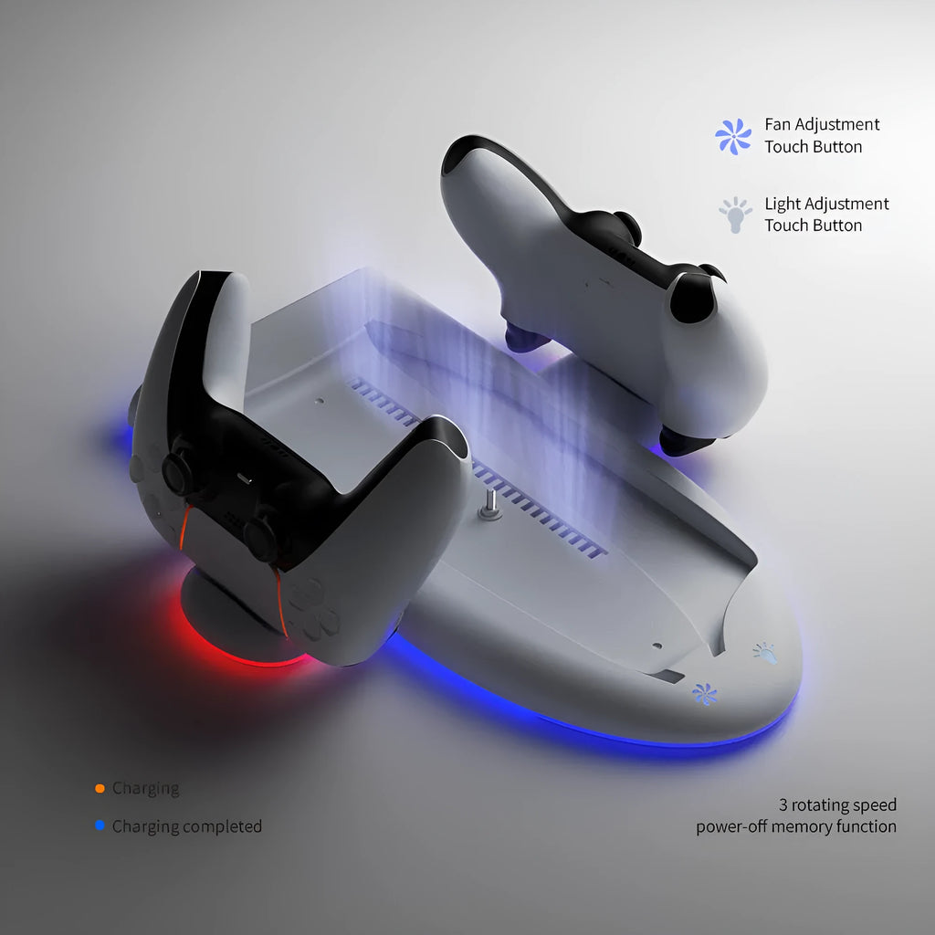 White PS5 Slim charging base with integrated USB charger and RGB ambient lights on a cooling pad.