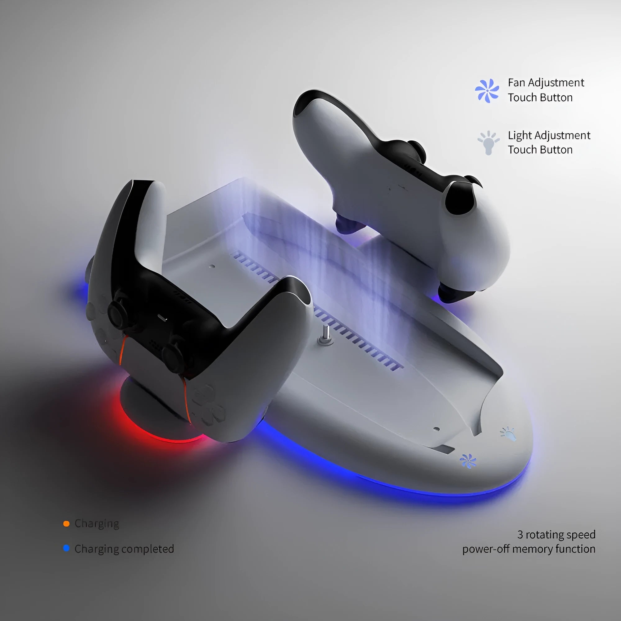 White PS5 Slim charging base with integrated USB charger and RGB ambient lights on a cooling pad.