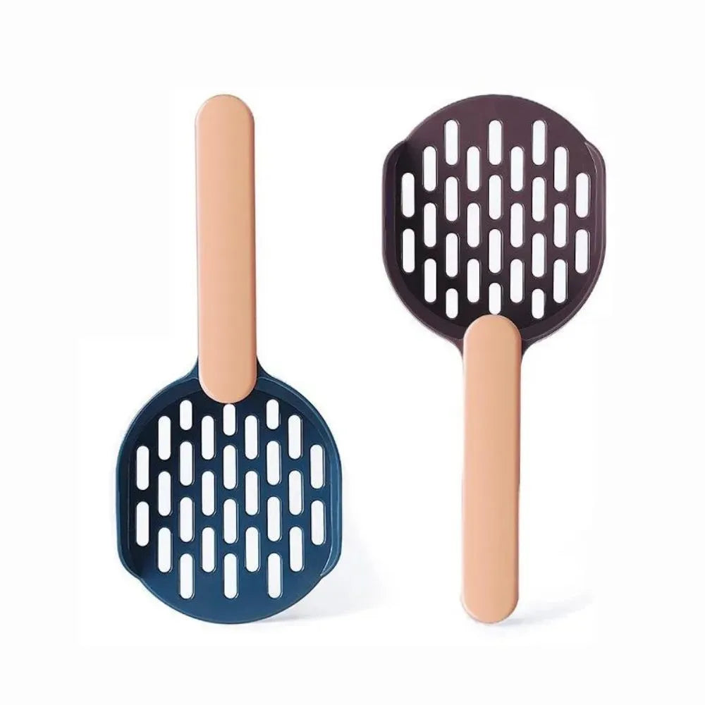 Blue plastic cat litter scoop with sifting holes for cleaning a litter box.