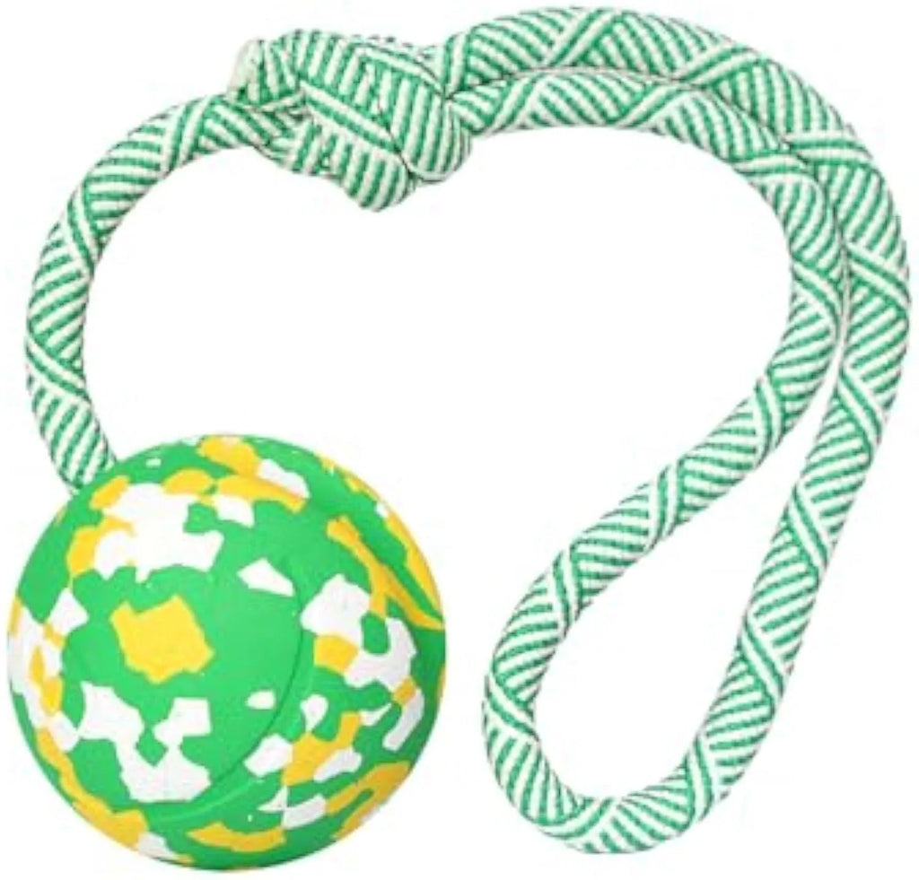 Dog toy featuring a natural rubber ball attached to a nylon rope for fetch and tug games.