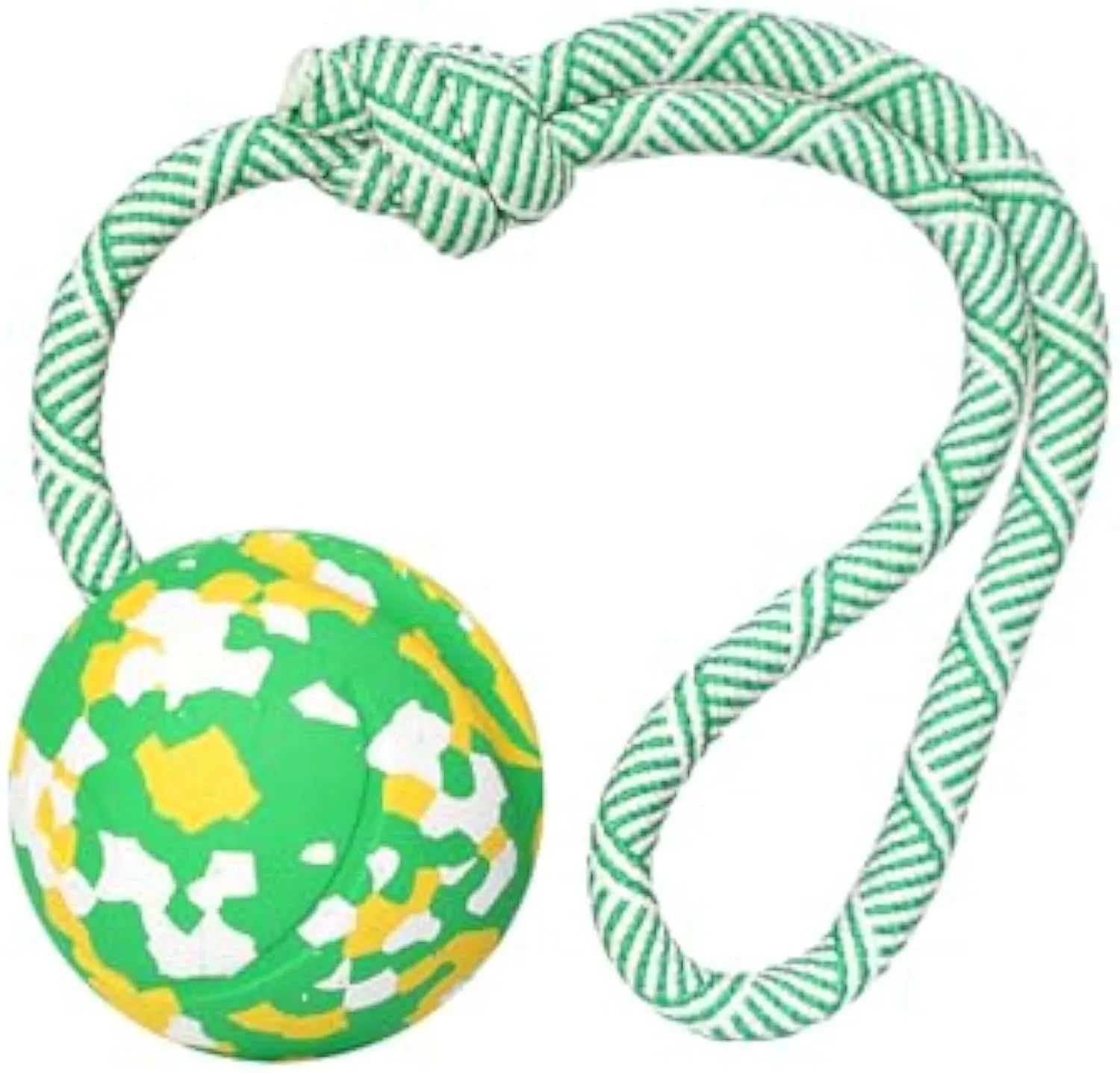 Dog toy featuring a natural rubber ball attached to a nylon rope for fetch and tug games.