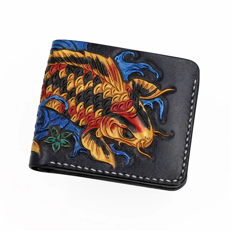 Men's hand-carved red cow leather short wallet showing open design and textured surface.