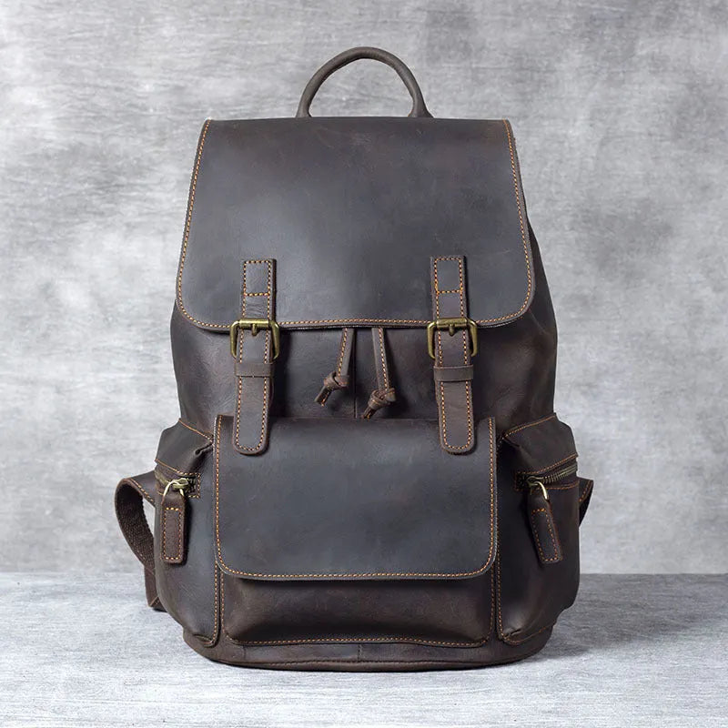 Brown retro crazy horse leather backpack with denim lining and double shoulder straps