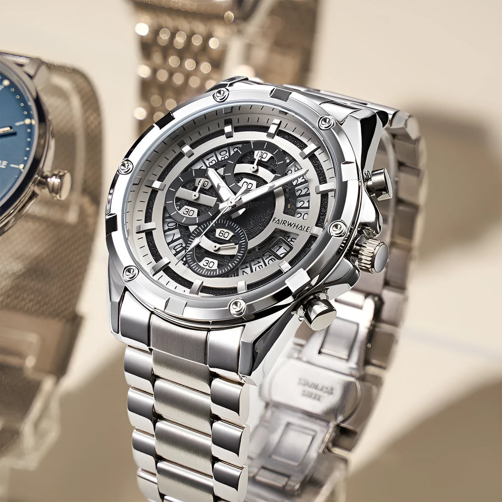 Men's waterproof luminous quartz watch with stainless steel band in black and blue colour option