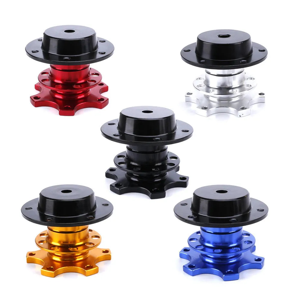 Car steering wheel quick release adapter device in black, red, blue, silver, and gold colour options.