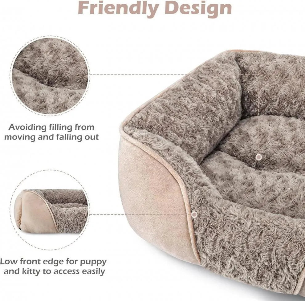Golden Retriever stuffed enclosed pet kennel dog bed in beige, showing raised bolster edges and nest design.