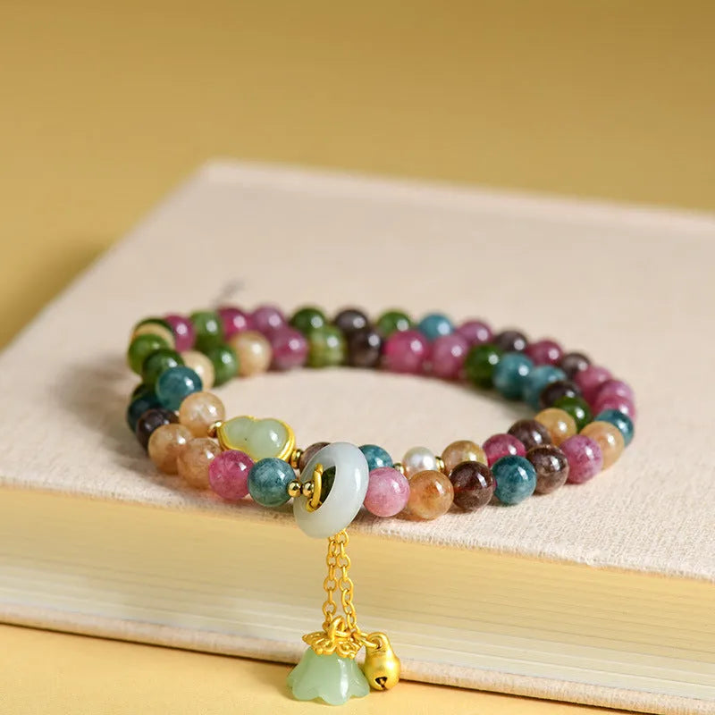 Natural chalcedony double ring bracelet with 6-6.5mm beads in C118 tourmaline colour geometric design