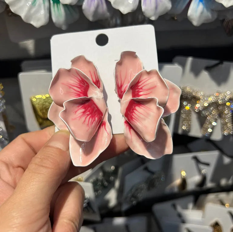 Pastoral style alloy flower stud earrings with oil-spot glaze finish in four colour options