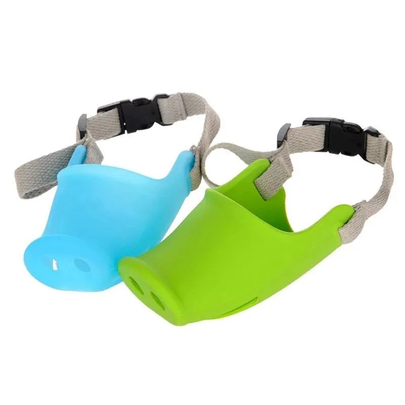 Blue and green silicone dog muzzle covers shown in small and large sizes for anti-bite training.