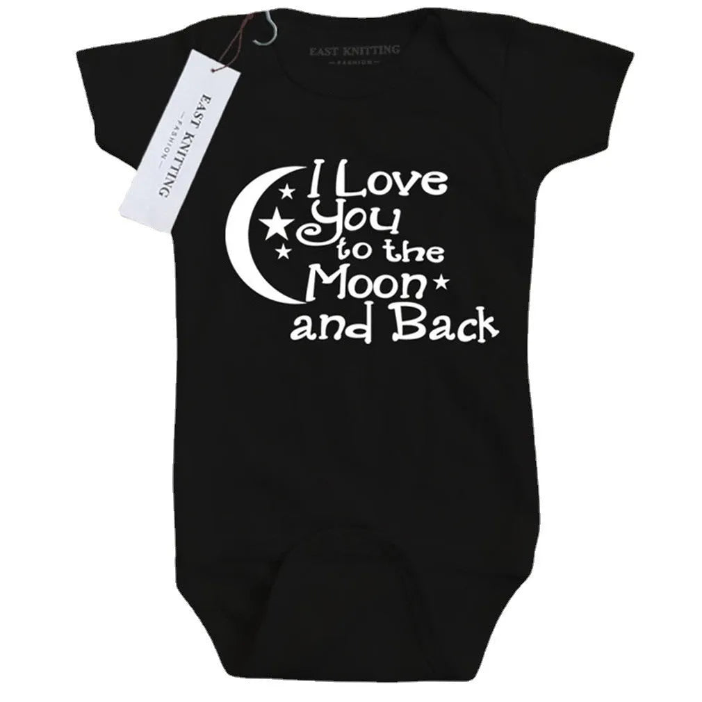 Black boys' romper bodysuit with moon star letter print, short sleeve, single-breasted closure