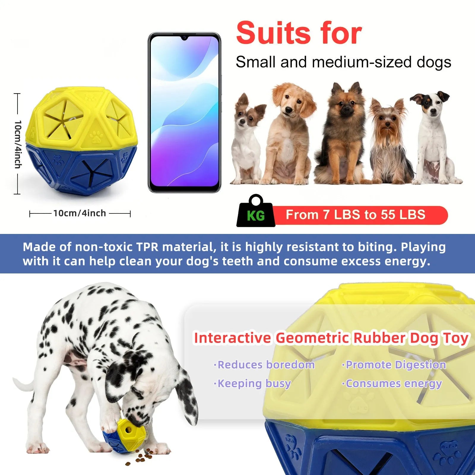 Blue soft rubber hollow dog toy ball for treat dispensing and interactive play.