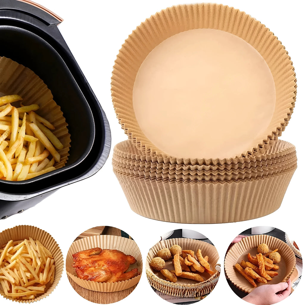 Round disposable paper liners for air fryers with 4.5cm high edges in white parchment colour