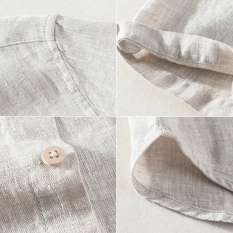 Men's linen shirt with square collar and short sleeves in raw jute colour