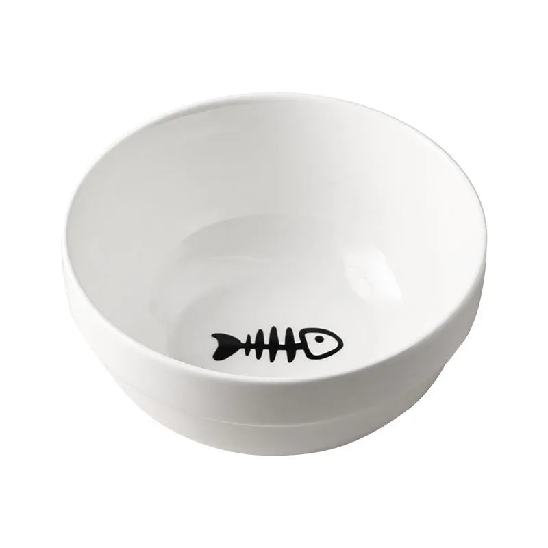 White ceramic cat bowl with cat paw pattern and black iron frame with cat ears