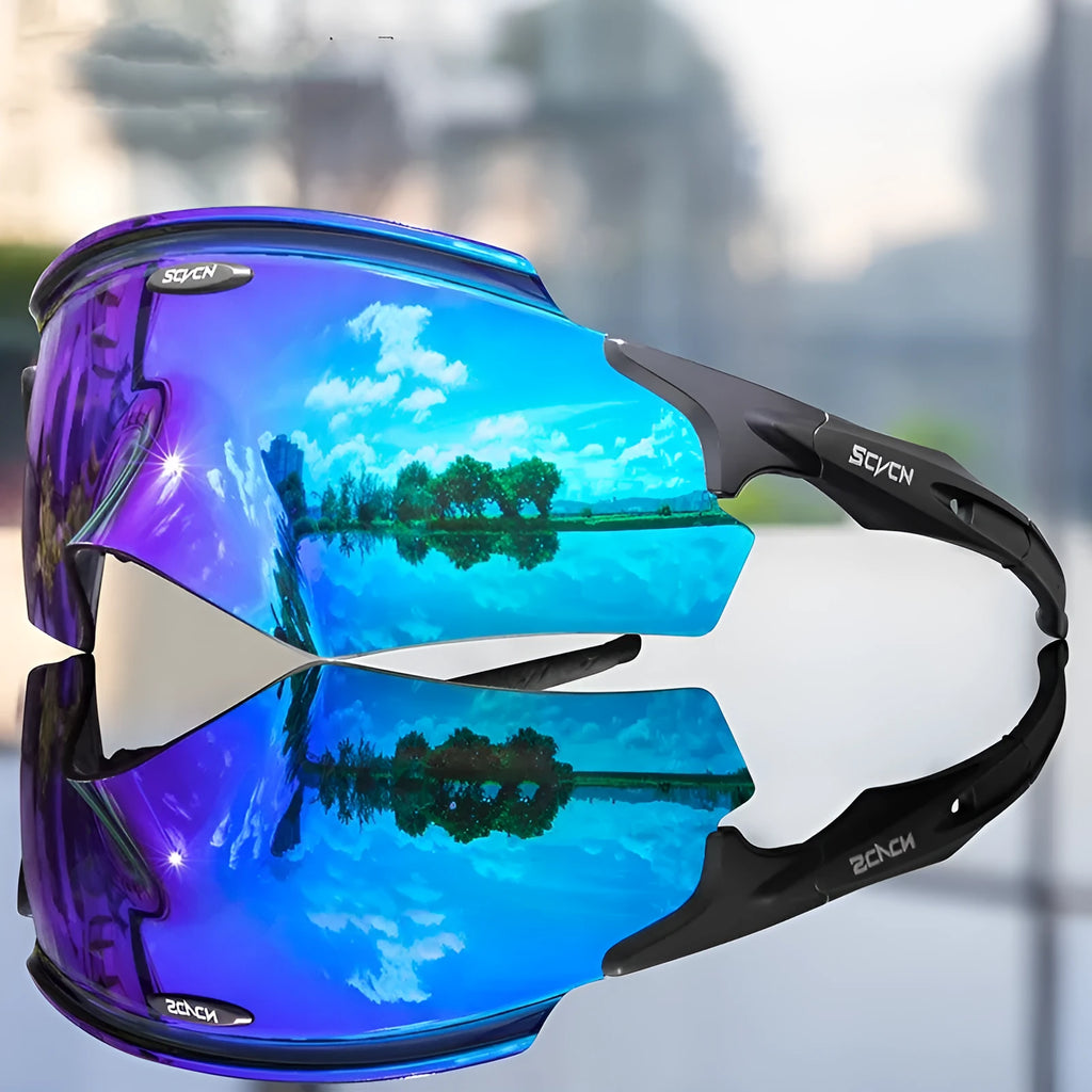 Integrated lens windproof sports goggles in a frameless design, shown in one of six colourful style options.