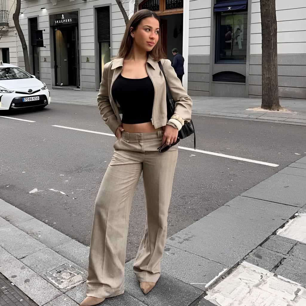 Women's herringbone pattern casual suit set with 3D textured jacket and straight-leg trousers